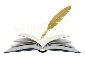Isolated Open Book with Golden Feather Pen Writing