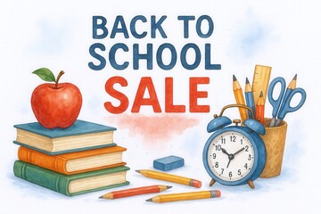 back to school sale watercolor illustration with books, apple, alarm clock, backpack, stationery, notebook, sandwich and paint splashes, educational design for learning, september, classroom