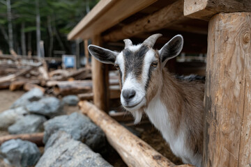 A captivating close-up of a goat in its natural habitat, showcasing the charm and personality of livestock in their serene, earthy surroundings.