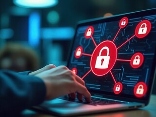 Cybersecurity and Data Breach Risk Concept. A person using laptop with digital padlock icons, red open lock symbolizing data breach, representing cybersecurity threats and data protect.