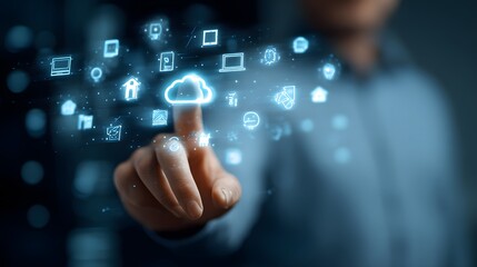 Volumetric holographic UI displaying floating 3D icons like AI cloud smart home and automation around a businessman in sleek tech environment