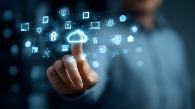 Volumetric holographic UI displaying floating 3D icons like AI cloud smart home and automation around a businessman in sleek tech environment - Powered by Adobe