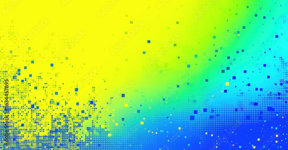 Poster vibrant gradient background. yellow transitions to blue, dotted pixels create dynamic visual effect.