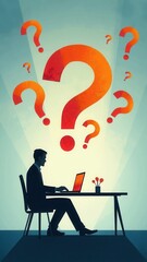 Question Mark and Problem Solving Concept. A person using a laptop with floating question marks, symbolizing brainstorming, problem-solving, and finding answers to business FAQs..