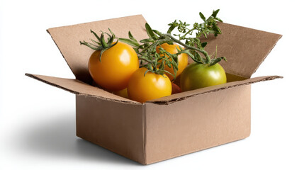 Produce plant concept Fresh produce in cardboard box showcases ripe tomatoes and green tomatoes with vibrant stems, perfect for healthy meals