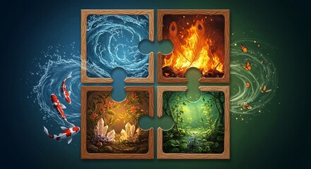 Fototapeta premium A puzzle composed of four elemental scenes: water, fire, earth, and air, each with unique details and vibrant colors.