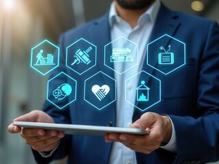 HSE Concept for Workplace Health and Safety. Businessman using laptop with icons representing health, safety, and environmental protection, illustrating HSE management system in business process.