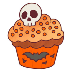 Cute Halloween Cupcake with Skull and Bat Decoration Cartoon Illustration