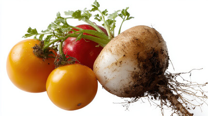 Produce plant concept Fresh produce from plant includes vibrant tomatoes and radish, showcasing nature bounty and healthy choices