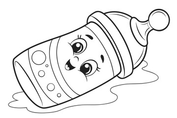 Coloring Pages, cartoon baby bottle with milk inside, cute style, colorless, uncolored, black and white for coloring book, coloring page, kids