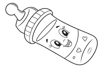Coloring Pages, cartoon baby bottle with milk inside, cute style, colorless, uncolored, black and white for coloring book, coloring page, kids