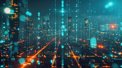 Obraz premium Glimpses of Quantum Computing Centers Amidst a Futuristic City’s Night View: Where Luminous Skyscrapers Meet Cutting-Edge Quantum Hubs, Illuminated by Neon Glows and Holographic Interfaces.