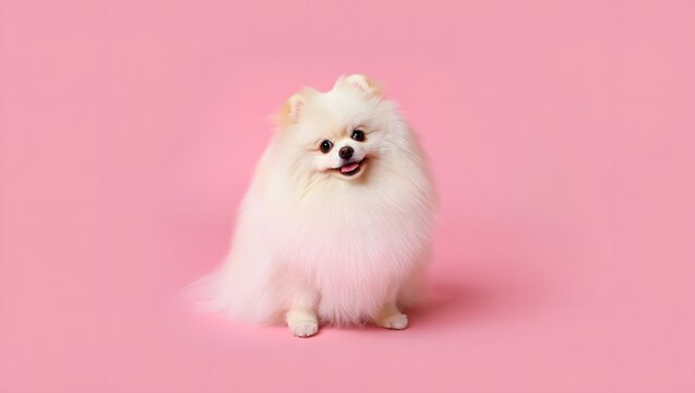 Adorable fluffy white pomeranian dog sitting on a vibrant pink background looking directly at the camera