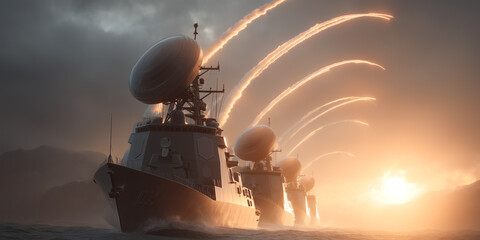 3D advanced missile cruiser at sea launching interceptor missiles with spinning radar dishes and missile trails against sunrise backdrop
