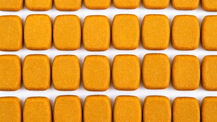 Fototapeta premium Rows of bright orange oval shaped candies or pills arranged neatly on a white background