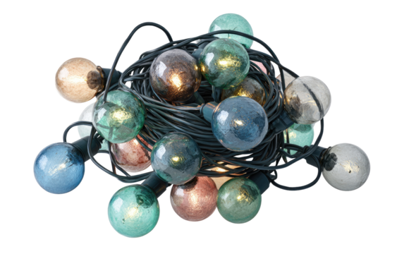 Colorful string lights, clustered, on black cord