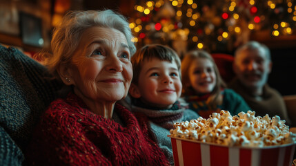 a multi-generational family relaxing together with popcorn and snacks in a festive living room