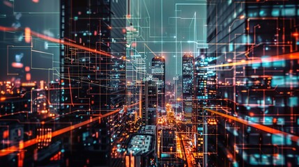 Fototapeta premium Glimpses of Quantum Computing Centers Amidst a Futuristic City’s Night View: Where Luminous Skyscrapers Meet Cutting-Edge Quantum Hubs, Illuminated by Neon Glows and Holographic Interfaces.