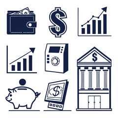 Business and finance icon set vector illustration with money symbols, bank buildings, cards, and web design buttons