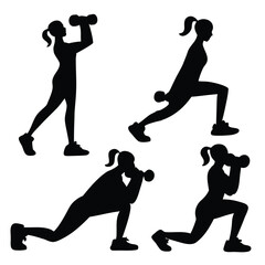 Silhouettes of women exercising and playing football in action vector illustration