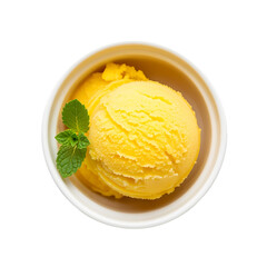 Yellow ice cream scoops with mint leaf in bowl dessert isolated on a transparent background