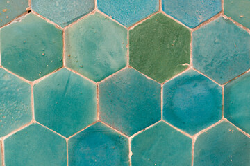 Hexagonal ceramic tiles in turquoise tones, Bukhara, Uzbekistan