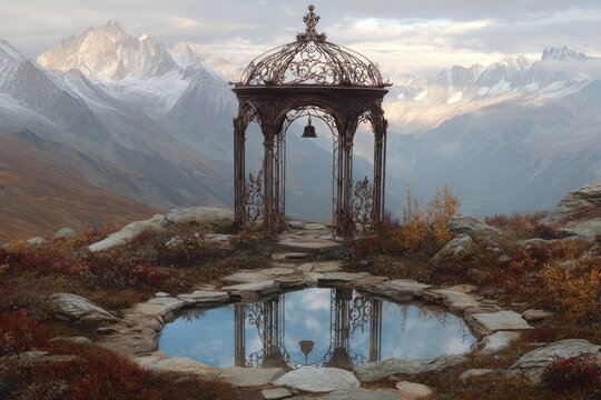 Ornate gazebo reflects in mountain pool, autumnal colors