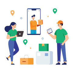  Delivery man carrying boxes and pushing a cart vector E-commerce Flat illustration