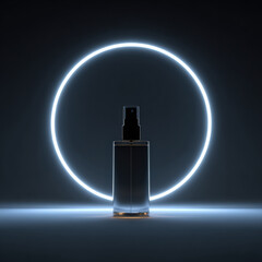 Sleek spray bottle illuminated by glowing circular halo creates striking ultra minimal composition. high fidelity visual emphasizes modern design and elegance