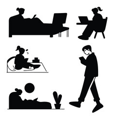 Silhouette icons of people, including a man and woman working on a laptop 