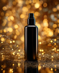 Sleek black spray bottle stands prominently against backdrop of shimmering golden bokeh lights, creating luxurious and elegant atmosphere. soft glow enhances product appeal, making it ideal