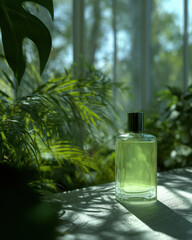 Serene glass bottle of fragrance sits elegantly on table, surrounded by lush green plants in bright conservatory. soft light creates gentle shadows, enhancing tranquil atmosphere