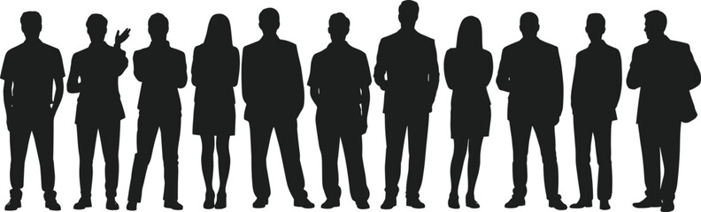 Silhouettes of professional business people, male and female team, standing group in office attire, leadership, teamwork concept vector