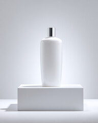 Minimalist white bottle with sleek design, placed on white pedestal in high key environment, creating clean and modern aesthetic. simplicity evokes sense of elegance and purity