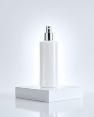 Minimalist white spray bottle on clean white pedestal, showcasing sleek design in high key environment. simplicity evokes sense of elegance and purity