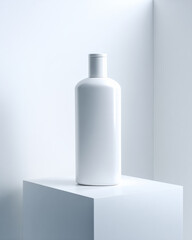 Minimalist white bottle displayed on clean pedestal in bright, high key environment, emphasizing simplicity and elegance. soft lighting enhances smooth surface and modern design