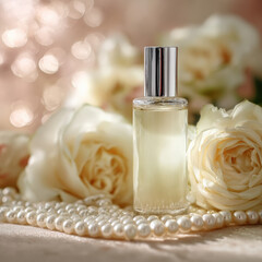 Delicate perfume bottle rests elegantly among soft ivory roses and lustrous pearls, creating romantic and luxurious atmosphere. soft focus enhances dreamy quality of scene