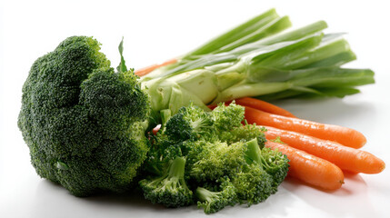Produce plant concept Fresh produce includes vibrant broccoli, green leeks, and crunchy carrots, perfect for healthy meals