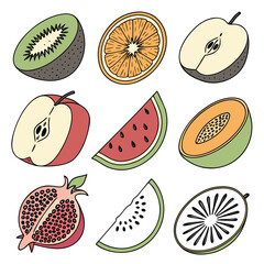 Fresh, healthy fruit collection with orange, apple, strawberry, and lemon on a white background