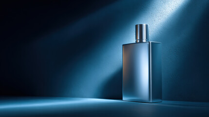 Sleek, modern toner bottle stands against dark blue background, illuminated by soft light that highlights its geometric shape and reflective surface, creating sense of elegance and sophistication