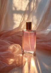 Beautiful glass bottle of perfume sits elegantly on soft, sheer fabric, illuminated by warm sunset rays. gentle pink hue of liquid reflects serene and calming atmosphere