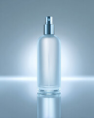 Sleek, minimalistic spray bottle stands elegantly against soft blue background, reflecting light beautifully. design emphasizes simplicity and modern aesthetics, perfect for showcasing beauty