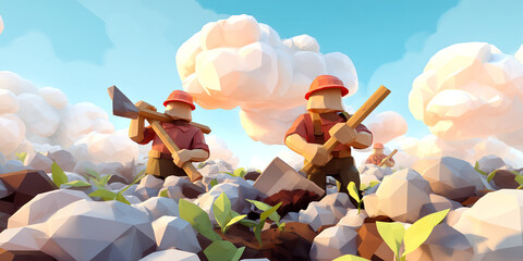 Low-Poly 3D Scene Showing Resilient Farmers Reclaiming and Cultivating Shell-Pocked Fields in a Post-Conflict Agricultural Effort