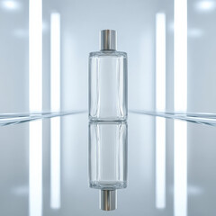 Sleek, transparent bottle stands centered modern, minimalist environment, reflecting its elegant design glossy surface. bright, linear lights create futuristic ambiance, enhancing bottle aesthetic