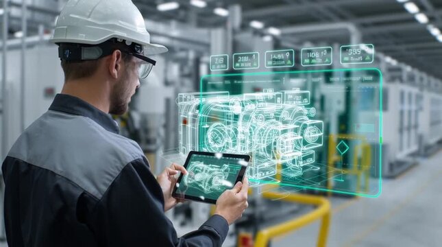 modern factory uses a transparent tablet to monitor a holographic overlay of a complex machine, displaying real-time performance data, temperatures, and maintenance alerts in an advanced Industry 4.0 