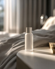 Sleek, minimalistic bottle stands elegantly on soft bedspread, illuminated by gentle sunlight filtering through sheer curtains, creating serene and tranquil atmosphere