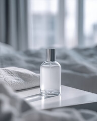 Sleek, minimalistic bottle sits elegantly on white surface, surrounded by soft, textured bedding. soft light enhances serene atmosphere, creating calming and sophisticated vibe
