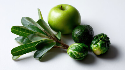 Produce plant concept Fresh produce includes green apple, avocados, Brussels sprouts, and plant leaves, showcasing nature bounty