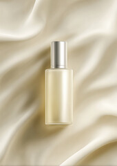 Sleek, elegant bottle filled with light cream product rests on smooth, luxurious fabric, creating serene and sophisticated atmosphere. soft colors and textures evoke sense of calm and beauty