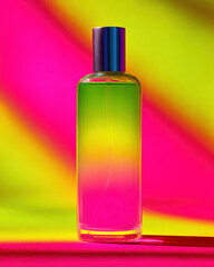 Vibrant bottle of liquid showcases striking gradient from violent pink to acid green, set against colorful backdrop. interplay of colors creates lively and energetic atmosphere